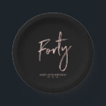 Forty Rose Gold & Black 40th birthday Party Paper Plate<br><div class="desc">This simple custom paper plate will add stylish detail to the modern 40th birthday. This design features chic rose gold lettering "Forty" with custom text. Matching invitations and party supplies are available in my shop BaraBomDesign.</div>