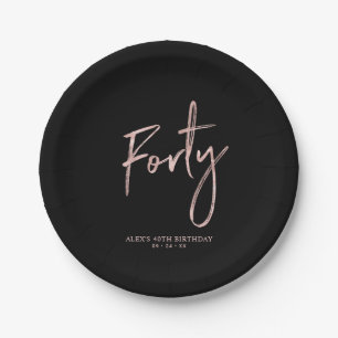 Forty Rose Gold & Black 40th birthday Party Paper Plate