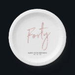 Forty Rose Gold Lettering 40th birthday Party Paper Plate<br><div class="desc">This simple custom paper plate will add stylish detail to the modern 40th birthday. This design features chic rose gold lettering "Forty" with custom text. Matching invitations and party supplies are available in my shop BaraBomDesign.</div>