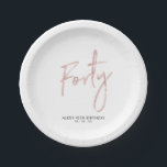 Forty Rose Gold Lettering 40th birthday Party Paper Plate<br><div class="desc">This simple custom paper plate will add stylish detail to the modern 40th birthday. This design features chic rose gold lettering "Forty" with custom text. Matching invitations and party supplies are available in my shop BaraBomDesign.</div>