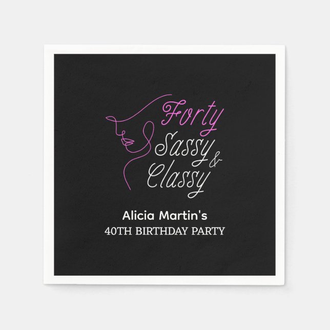 Forty Sassy & Classy Pink Black 40th Birthday  Napkin (Front)