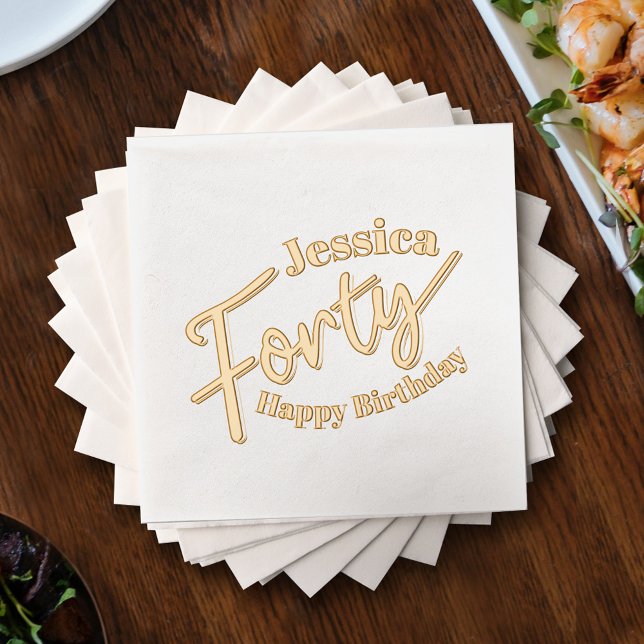 Forty script gold white custom name 40th birthday foil napkins (Creator Uploaded)