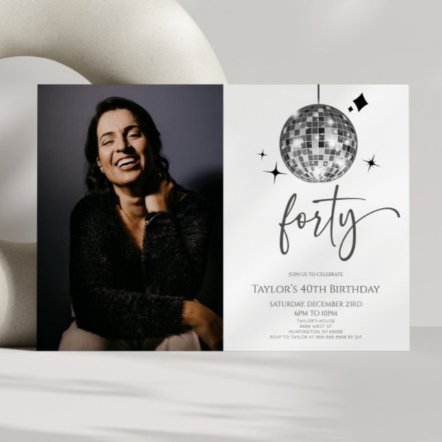 Forty Silver Disco Ball Photo 40th Birthday Party Invitation (Creator Uploaded)