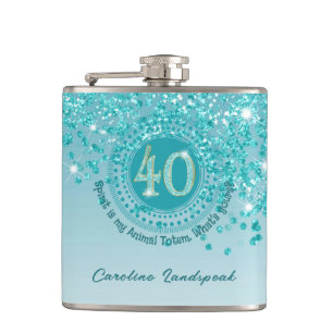 Forty & Teal Blue Glitter & Drinking Quote Hip Flask