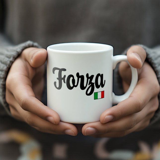 Forza Italian Flag Mug (Man's hands hold a white mug with Forza (strength, courage) and the Italian Flag. Encouragement)