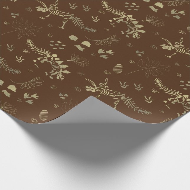 Fossil Digging Dinosaur Brown and Faux Gold Foil Wrapping Paper (Corner)