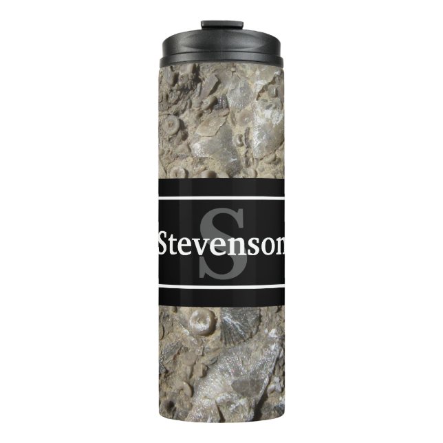 Fossil Limestone Rock with Name and Monogram Thermal Tumbler (Front)