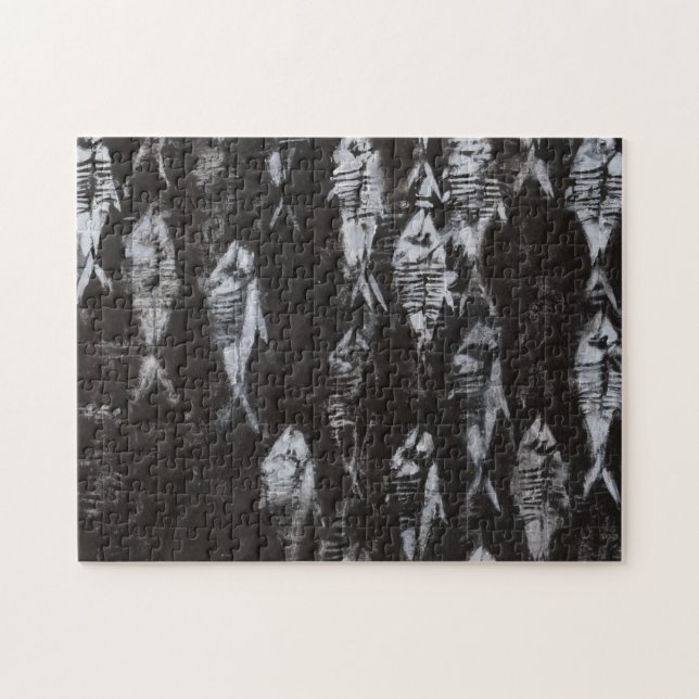 Fossil White Fish on Black Background Jigsaw Puzzle (Horizontal)