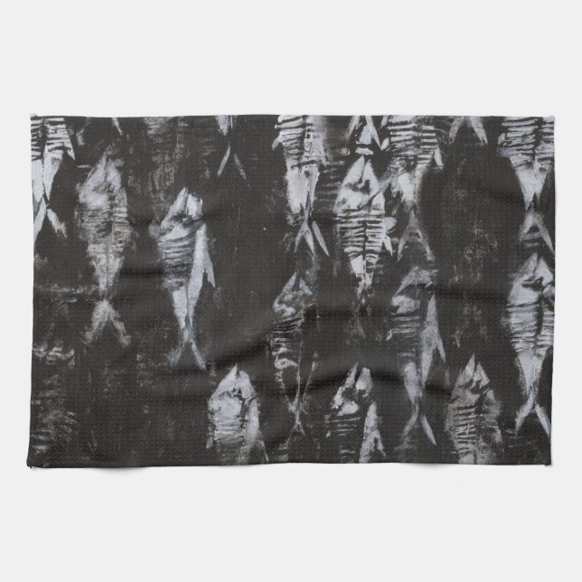 Fossil White Fish on Black Background Tea Towel (Horizontal)