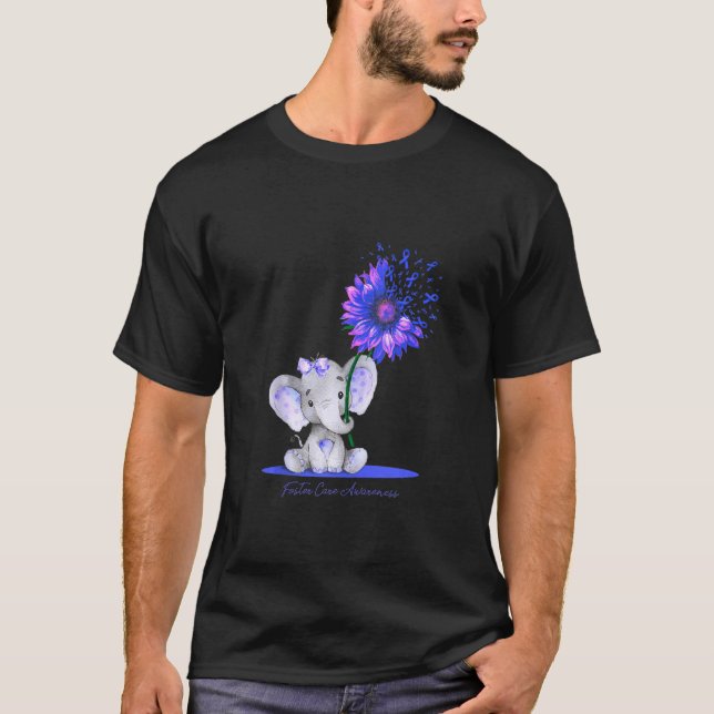 Foster Care Awareness Cute Elephant Sunflower Blue T-Shirt (Front)