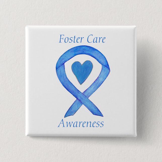 Foster Care Blue Awareness Ribbon Heart Button (Front)