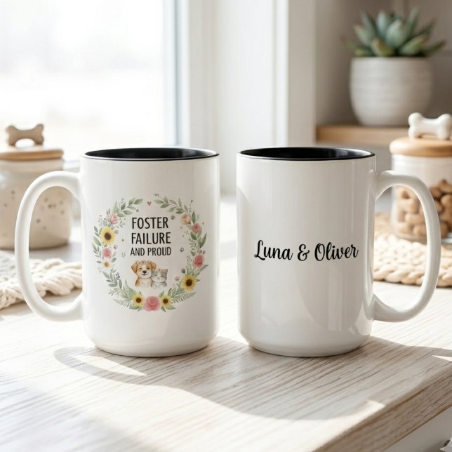 Foster Failure and Proud Floral Puppy Kitten Wreat Two-Tone Coffee Mug (Foster failure and proud two-tone mug for the pet parent — a sweet adoption day gift idea.)