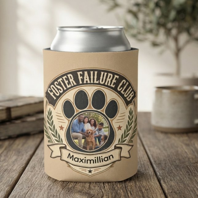 Foster failure retro badge can cooler (Vintage foster failure paw badge can cooler for rescue dog parents celebrating adoption day.)