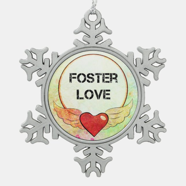Foster Love Watercolor Heart Snowflake Pewter Christmas Ornament (Front)