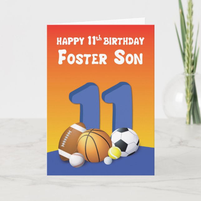 Foster Son 11th Birthday Sports Balls Card (Front)
