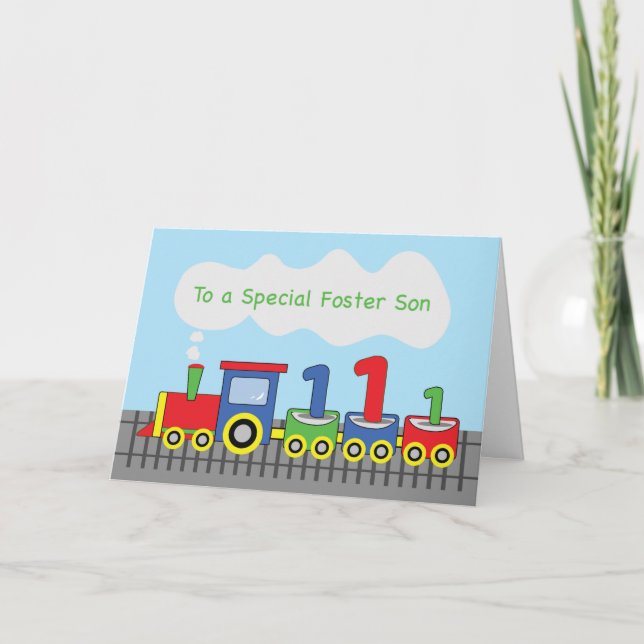 Foster Son 1st Birthday Colourful Train on Track Card (Front)