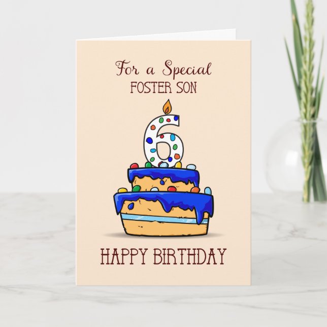 Foster Son 6th Birthday, 6 on Sweet Blue Cake Card (Front)