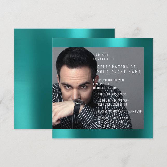 Foto Birthday Party Gray Teal Green VIP  Metallic Invitation (Front/Back)