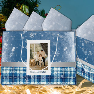 Foto Feliz Navidad Elegante Azul  Large Gift Bag