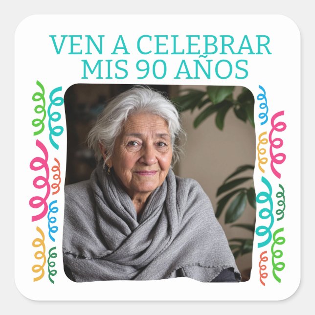 Foto Personalizada Mis 90 Años Fiesta Square Sticker (Front)