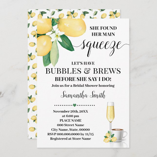 Found Main Squeeze Bubbles & Brews Bridal Shower Invitation (Front/Back)