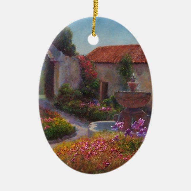 Fountain and Garden at Carmel Mission Ceramic Tree Decoration (Front)