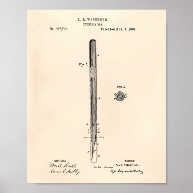 Fountain Pen 1884 Patent Art - Old Peper Poster (Front)