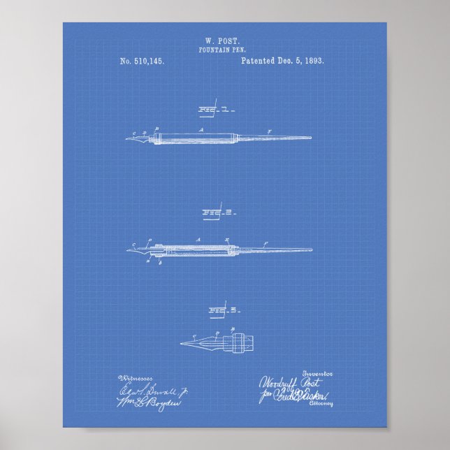 Fountain Pen 1893 Patent Art Blueprint Poster (Front)