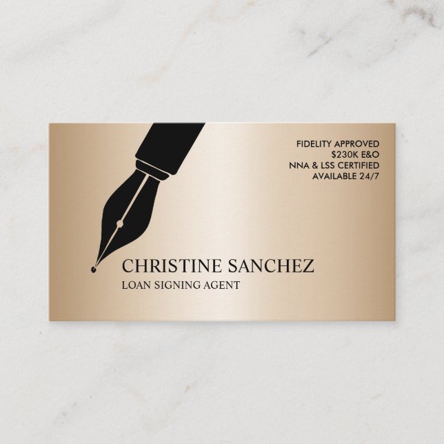 FOUNTAIN PEN PUBLIC NOTARY SINGNING AGENT GOLD BUSINESS CARD (Front)