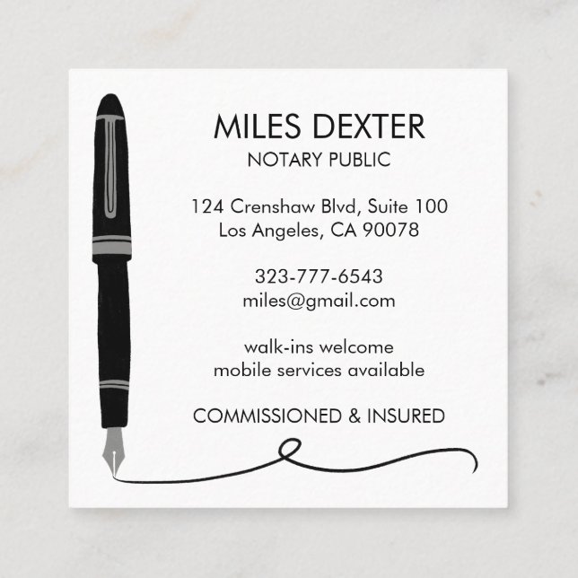 Fountain Pen Signature Logo Notary Public Legal  Square Business Card (Back)