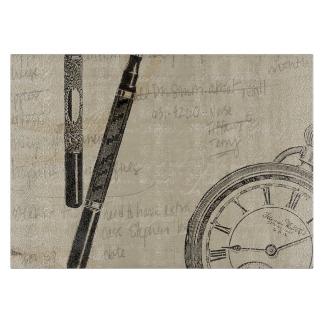 Fountain Pens and Watchface with Notes Cutting Board (Front)