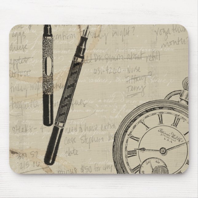 Fountain Pens and Watchface with Notes Mouse Mat (Front)