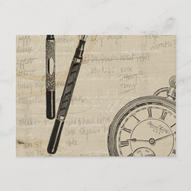 Fountain Pens and Watchface with Notes Postcard (Front)