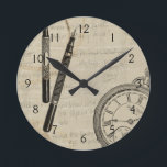 Fountain Pens and Watchface with Notes Round Clock<br><div class="desc">Looks like someone was taking a lot of notes! This contemporary painting of fountain pens and a watchface illustrate the loss of time to the various mundane,  but important,  activities in our lives. Get your copy today!</div>