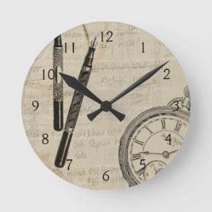 Fountain Pens and Watchface with Notes Round Clock