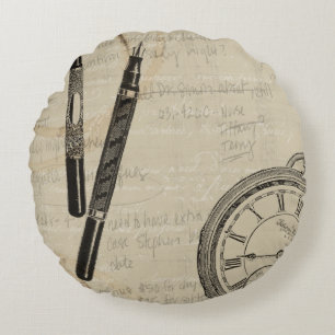Fountain Pens and Watchface with Notes Round Cushion