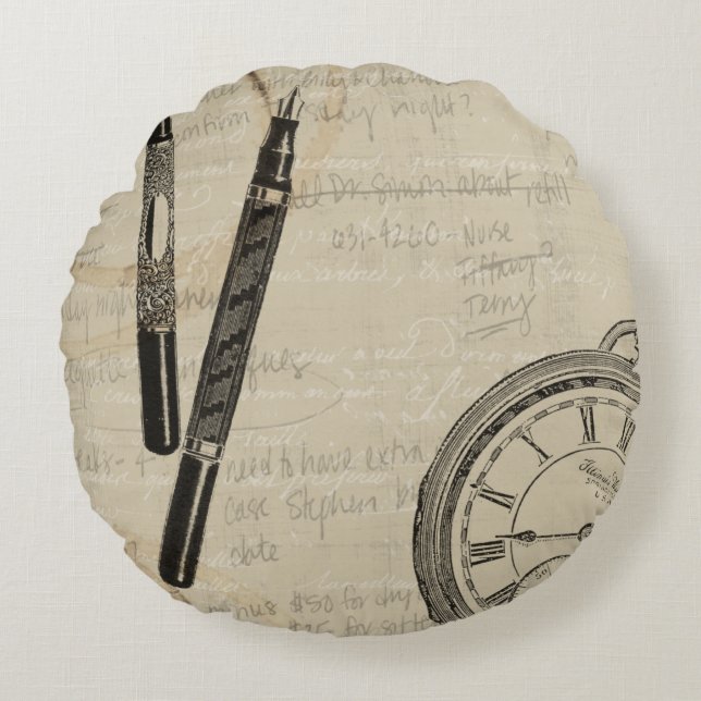 Fountain Pens and Watchface with Notes Round Cushion (Front)