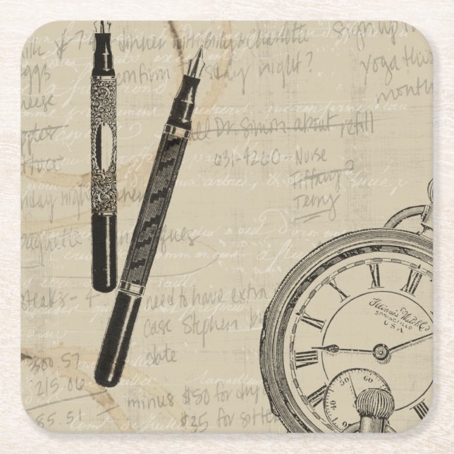 Fountain Pens and Watchface with Notes Square Paper Coaster (Front)
