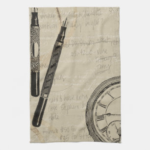 Fountain Pens and Watchface with Notes Tea Towel