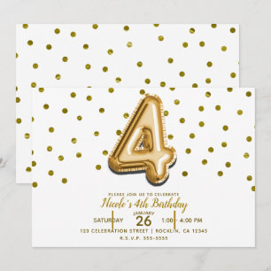 Four 4 Gold Balloon & Confetti 4th Birthday Party Invitation