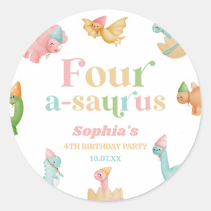 Four A-Saurus Dinosaur 4th Fourth Birthday Party Classic Round Sticker