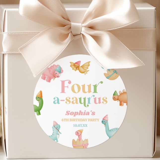 Four A-Saurus Dinosaur 4th Fourth Birthday Party Classic Round Sticker (Creator Uploaded)