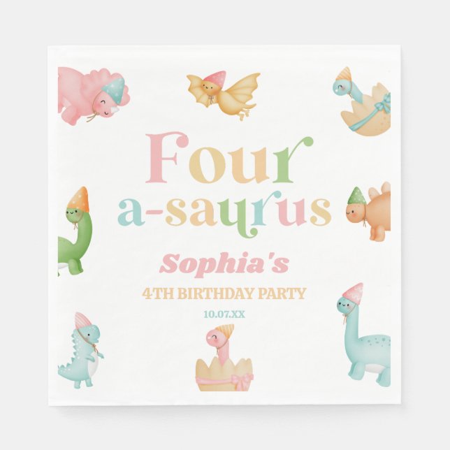 Four A-Saurus Dinosaur 4th Fourth Birthday Party Napkin (Front)