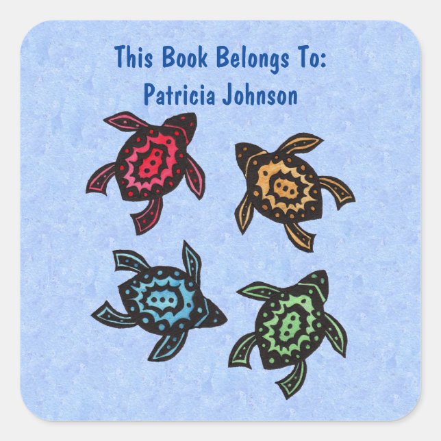 Four Abstract Turtles Multiple Coloured Shells Blu Square Sticker (Front)