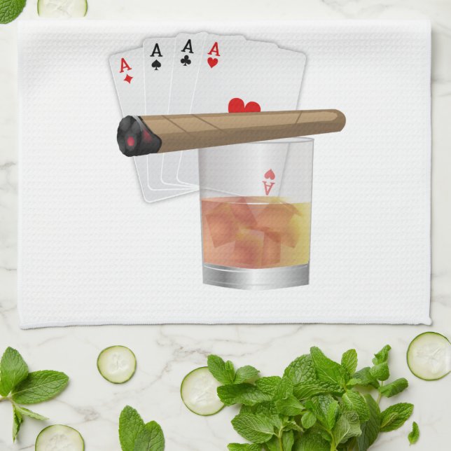 Four Aces, A Drink and A Cigar Tea Towel (Folded)