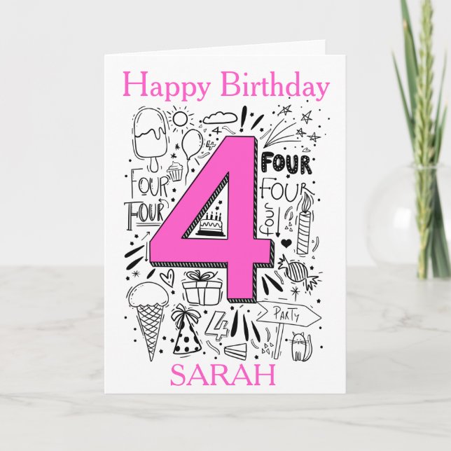 Four age 4th Pink  birthday card (Front)