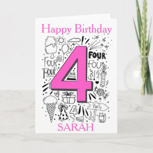 Four age 4th Pink  birthday card