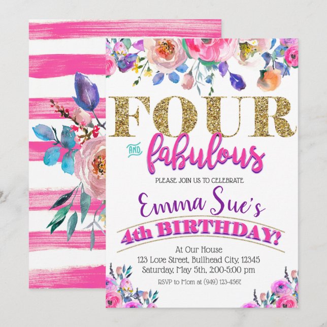 Four and Fabulous Girls Floral 4th Birthday Invitation (Front/Back)