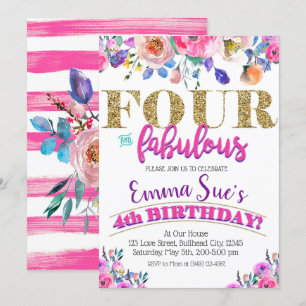 Four and Fabulous Girls Floral 4th Birthday Invitation
