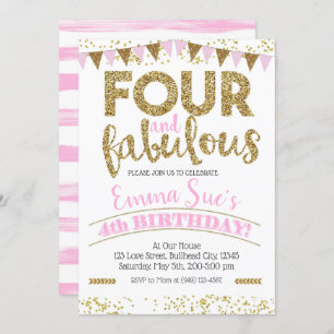 Four and Fabulous Girls Pink & Gold 4th Birthday Invitation